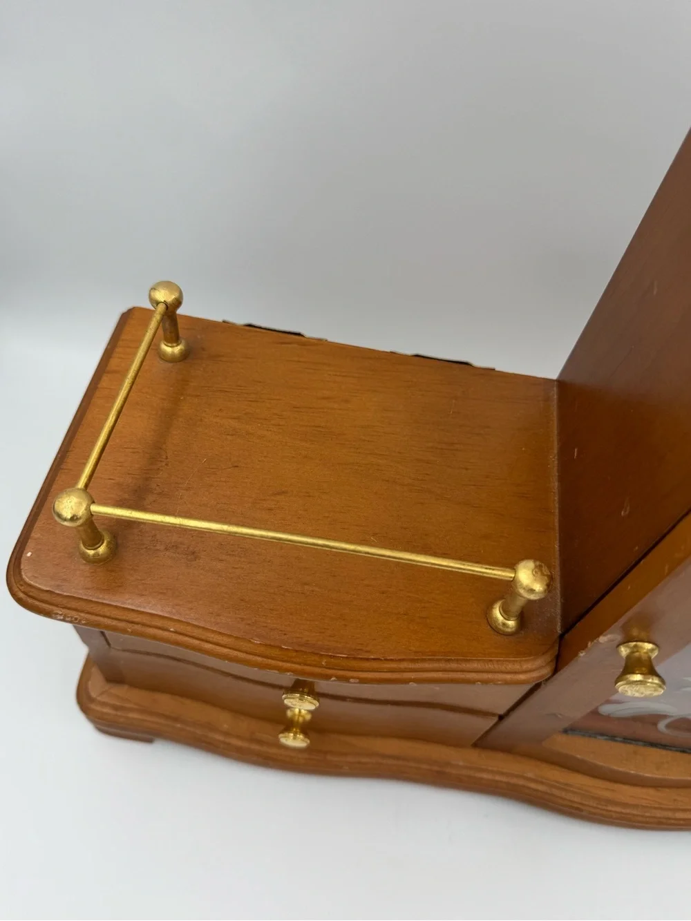 Vintage Musical Wooden Jewelry Box Armoire‎ Etched Glass Door w 2 Drawers